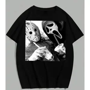 Graphic Kind vintage-Jason and Ghost Face T-shirt, fun Halloween T-shirt, suitable for both men and women, T-shirt with 21st century 90s style patterns 90s movie commemorative t-shirt Top Love Top tier clothing gift for him/her