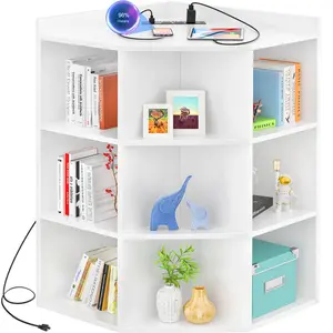 Aheaplus Corner Storage Cabinet with USB Ports and Outlets, Wooden Cubby Corner Bookshelf with 9 Cubes for Small Space, Corner Cube Bookcase Toy Storage for Bedroom, Living Room, Office
