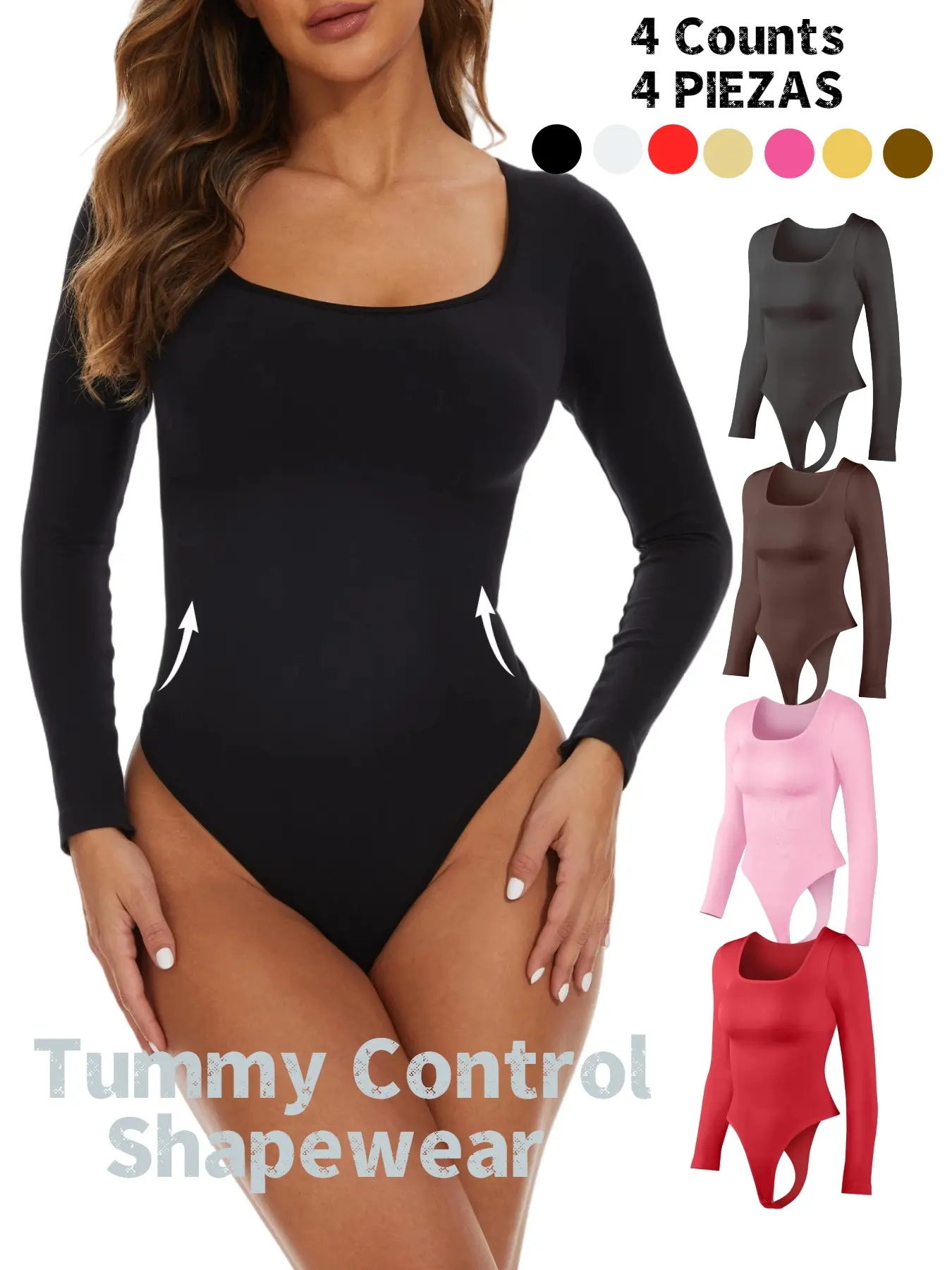 Women's Solid Color Long Sleeve Cropped Shapewear Bodysuit, Thong Design, Square Neck Slimming Belly Control, Ladies Underwear & Shapewear