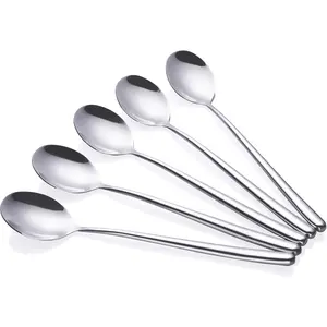 Korean Stainless Steel Long Handle Soup Spoons Long Tablespoon Coffee Spoon Silver Pack of 5 (8.7x1.6 inches)