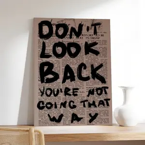 Don’t Look Back Vintage Newspaper Background Canvas Wall Art, Bold Graffiti Motivational Quote Print, Retro Inspirational Room Decor Unframed Canvas Poster or Framed Canvas Wrap