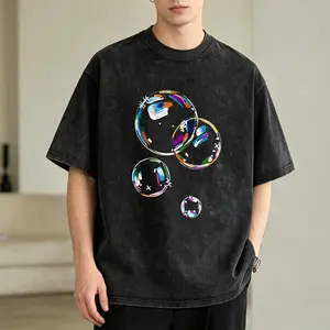 Men's Vintage Washed T-Shirt Colorful Bubbles With Stars And Planets Oversized Graphic Tee Outdoor Casual Short Sleeve
