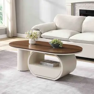 Luxury Oval Coffee Table Living Room Center Table with Storage Drawer, Tea Table with Wood Tabletop and Stainless Steel Base, 47.24''