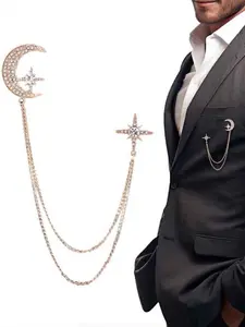 Star and moon brooch with rhinestones and tassel chain, available in rose gold/silver, perfect for coats and bags.