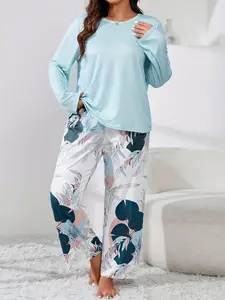 Women's Plus Size Homecoming Suit Set, Fashionable Outerwear Sleepwear Pajamas, Elegant Floral Print Pattern, Soft Comfort Casual Loose Fit Long Sleeve Pants