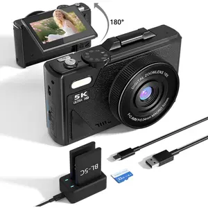 PORTWORLD 5K 75MP Digital Camera (1 Box), Vlogging Camera with 3.0" 180° Flip Screen, 18X Digital Zoom, 19 Filters, 2 Rechargeable Batteries, 32GB TF Card
