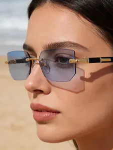 Unisex Rimless Square Metal Sunglasses, Lightweight Modern Eyewear, Fashion Shades for Beach, Daily Outfit & All Occasions
