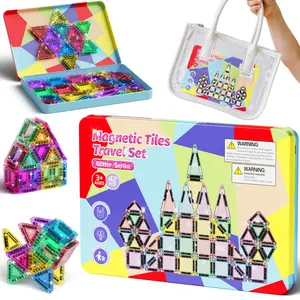 42 Pcs Mini Travel Glitter Magnetic Tiles Magnetic Block Set with Storage Box - STEM Educational Sensory Preschool Building Toy for Toddlers, Ideal Kids Gifts for Ages 2 3 4 5 6