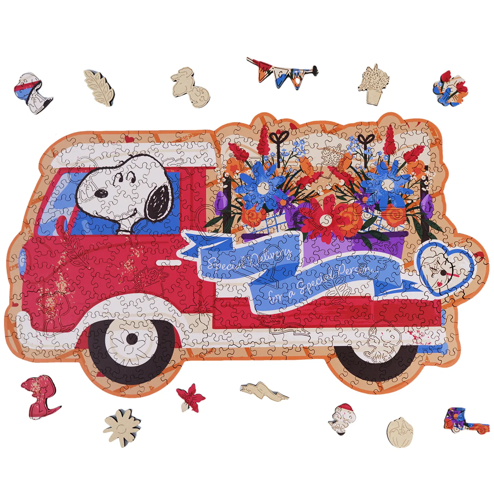 Wooden Jigsaw Puzzle Gift for Snoopy Lovers, 300 Pieces Unique Shaped, 5MM Thick, Officially Licensed Merchandise – Blooms on Wheels, 17.7" x 10.4"