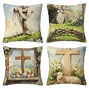 Easter Pillow Cover Christian Easter Decoration Jesus Religion Christian Pillow Sheep Flower Pillow Cover Suitable for Festivals Spring Farmhouse Sofa Cushion Cover 4-piece Set Double sided Printing