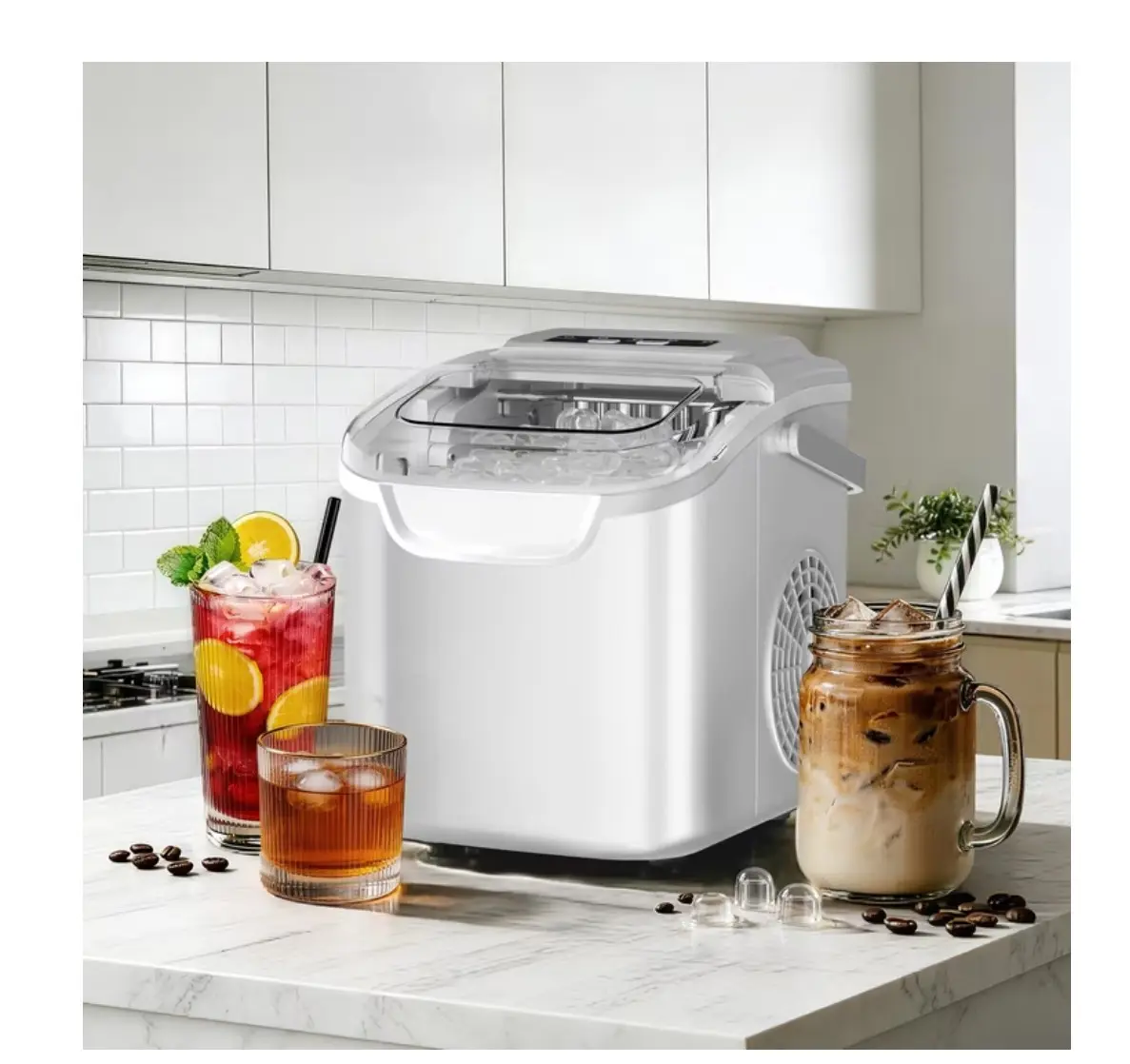 Countertop Ice Maker, 2 Sizes of Bullet Ice, 26Lbs/24H, 8 Ice Cubes in 6 Mins, Portable Ice Machine with Self-Cleaning for Home/Party/Travel/Camping (White)