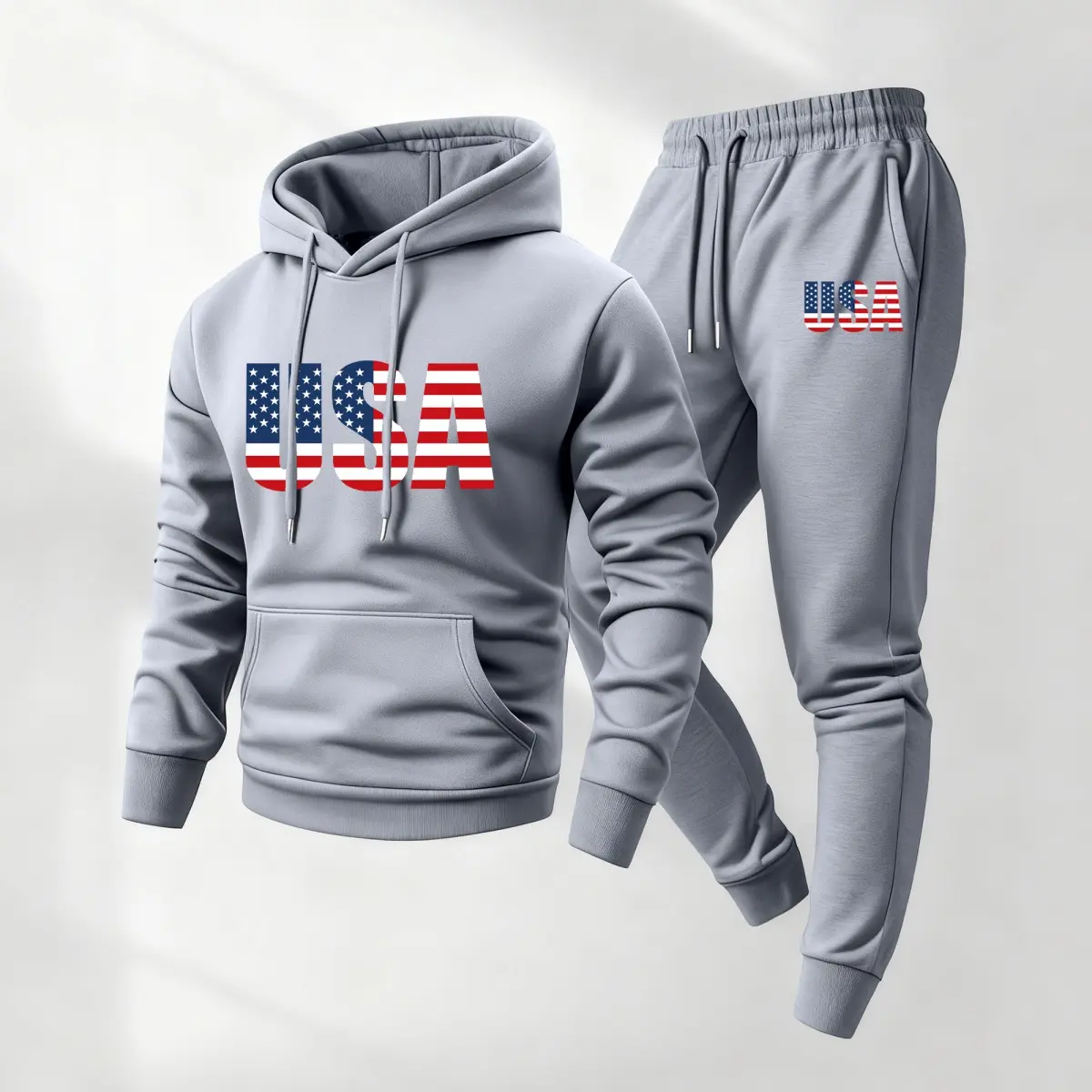 Men's USA Print Hoodie and Drawstring Sweatpants Set, Menswear, Casual Athletic Long Sleeve Hooded Jacket & Trousers for Fall & Winter, Men's Clothing for Daily Wear, Sportswear Indoor Outdoor, Tracksuit, Athleisure Summer Clothes