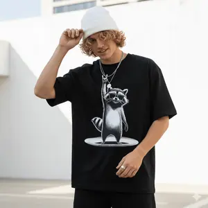 Retro Raccoon Rock Graphic T-Shirt for Men – Funny Black Cotton Tee with Playful Raccoon Design, Comfortable & Stylish Casual Wear for All Seasons, Music Fan Clothing |   Quirky Raccoon Print |   Applique Details, Raccoon Shirt