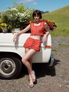 Cider Cotton-blend Square Neck Ruffled Top & Low Rise Embroidery Ruffle Hem Mini Skirt Set