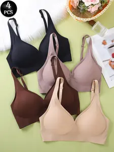 4-Pack Women's Jelly Comfortable Wireless Sports Bras, Plain Casual Sexy Lingerie, Breathable Seamless Workout Bras, Ideal for Running Yoga