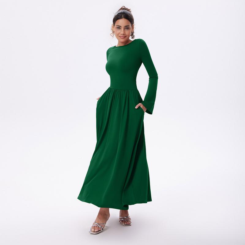 OQQfitness Womenswear Maxi Flowy Dresses Bell LongSleeve Boat Neck Adjustable Back Tie Casual Elegant Empire Waist Lace Basic Minimalist with Pockets