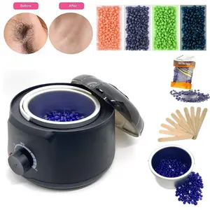 Black Electric Hair Removal Hot Wax Warmer Waxing Heater + 400g Hard Wax Beans + 10pcs Sticks Kit, Wax Machine, 450cc Portable Design, Adjustable Temperature - Comfort, Cosmetic