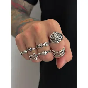 Men's punk-style silver stackable ring set star-shaped design daily party jewelry Four Seasons series
