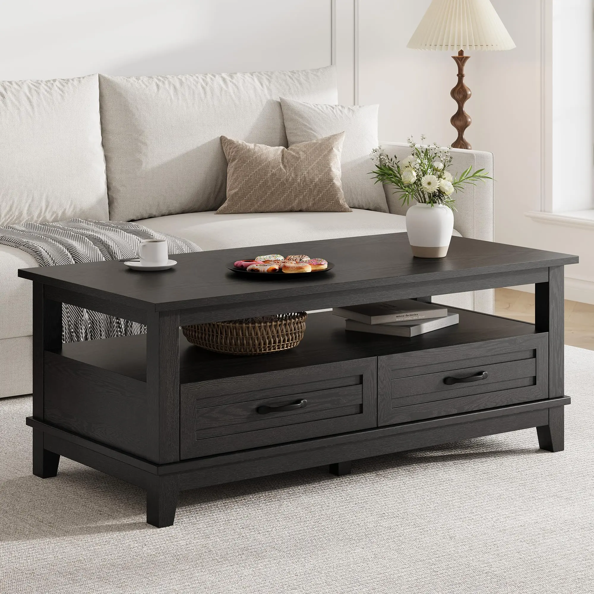 Garvee Farmhouse Coffee Table with Drawers, 47.2" Rustic Center Table Featuring Open Shelf, 6 Support Legs, Available in Black and Walnut, Large Storage Living Room Table