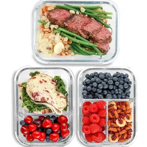 6 Pcs Glass Food Storage Containers with Lids, 1 & 2 & 3 Compartment Glass Airtight Meal Prep Containers (3 Containers & 3 Lids), Oven & Freezer Safe, Leak Proof - Grey