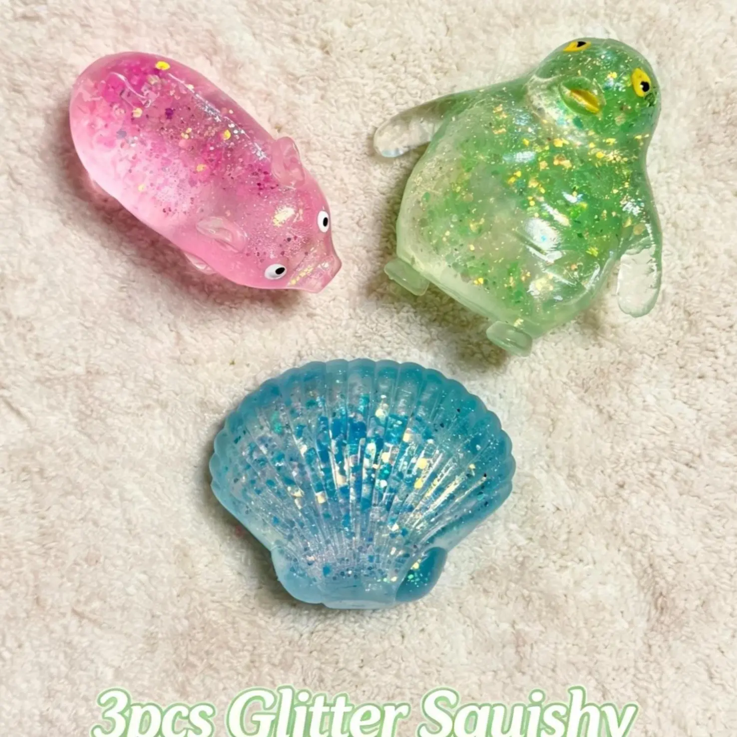 3Pcs Sparkly Squeeze Squishy Toys, Random Color Fixed Design – Green Head Fish, Seashell, Pig, Bunny, Unicorn, Starfish, Capybara, Cat Face, Cat Paw, Palm, Malt Candy Shapes, Stress Relief Fidget Toys, Holiday Party Gifts