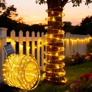 Solar Rope Light 33FT 100L Warm White IP65 Weatherproof Outdoor LED Copper Fairy String Tube Lights for Christmas Party Garden Patio Stair Balcony Fence Tree Decoration 8 Modes