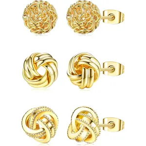 CASSIECA 3 Pairs Gold Love Knot Earrings For Women Girls 14K Plated Gold Woven Ball Stud Earrings Love Knot Post Earrings for Sensitive Ears