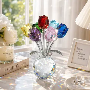 Crystal Tulip Flower Ornament Colorful Faceted Glass Bouquet Decor Sparkling Prism Home Decoration Elegant Gift for Women Desk Living Room Accent,summervibes