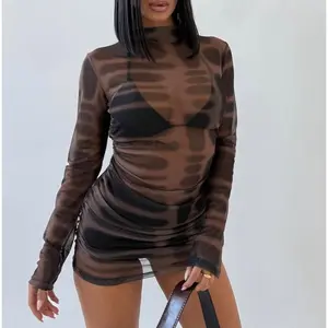 Women's Sheer Printed Long-Sleeve Turtleneck Mini Dress, Ruched Bodycon Mesh Party Dress, Edgy Stylish Evening Outfit for Nightwear & Club Wear
