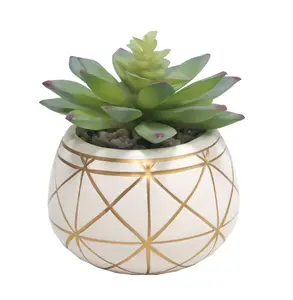 4 Inch Artificial Succulent Plant in White Geometric Ceramic Pot Small Tabletop Decor