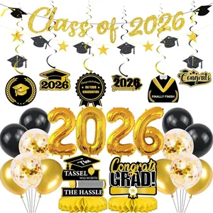 Graduation Decorations Class 2026 Grad - 26 Pcs Black Gold Graduations Caps Banners Balloons Table Centerpieces Haing Swirls Supplies for Senior High School College Congrats