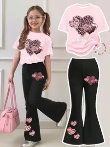 Girls' Casual Set, Leopard Heart Cartoon Print, Girls Round Neck Short Sleeve T-Shirt and Bell Bottoms 2-Piece Set, Spring Summer