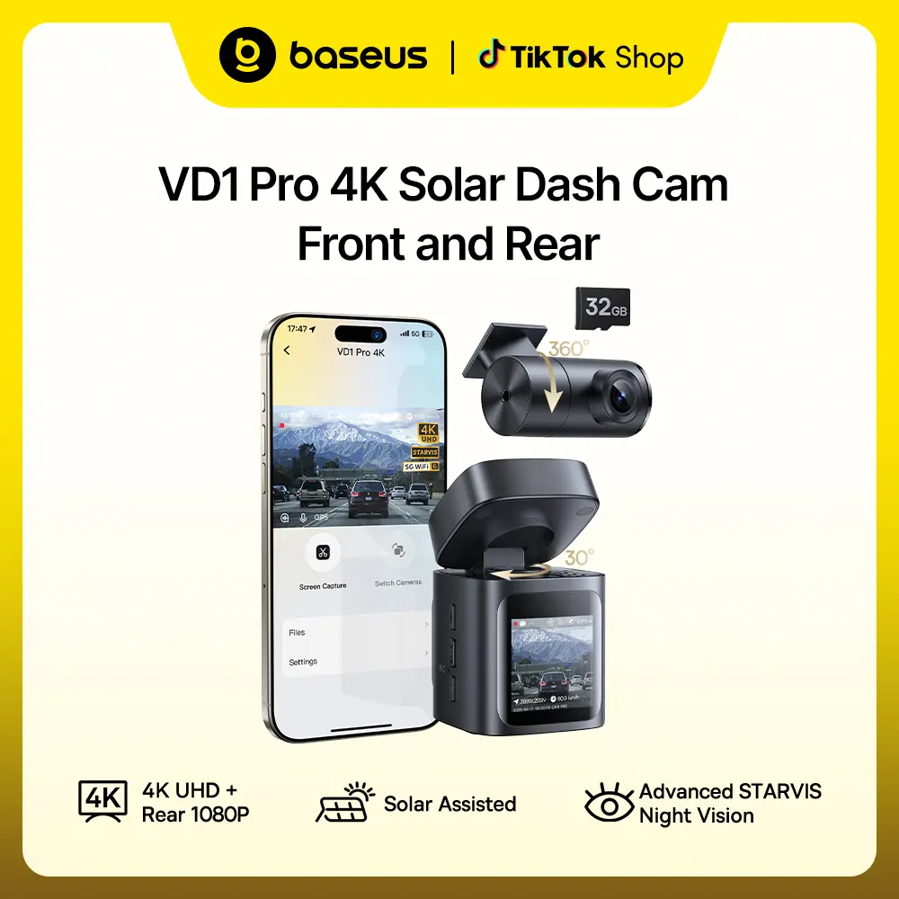 baseus Dash Cam VD1 Pro Solar Dash Camera for Car Front 4K + Rear 1080P, Parking Protection up to 14 Days, STARVIS Night Vision, 5GHz WiFi 6, GPS, Voice Control, Battery & Solar Powered, 32GB SD Included