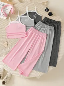 Three Sets (six Pieces) Girls' Casual Butterfly Print Knit Set, Soft Comfortable Tank Top and Pants, Outdoor Wear for Spring Summer