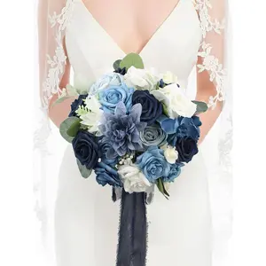 Rinlong 10.6 inch wide Round Navy Blue Bridal Bouquet Silk Ornaments