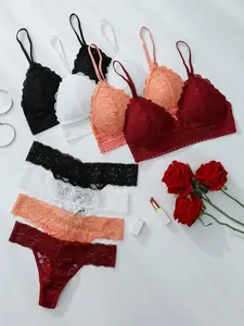 Women's Floral Lace Bra & Panty Set, Comfy Breathable Bra & Panty Set, Soft Underwear Set for Women, Bra Sets, Clothing