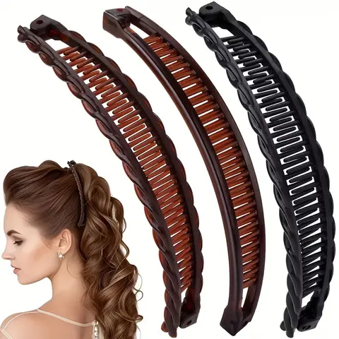 3 Pcs Women's Large Banana Hair Clips, Vintage Non-Slip Dual Teeth, Suitable for Thick Long Curly Hair, Hair Clips For Curls, Coffee &, Christmas Gift, Hair Styling Clips, Hair Claws Set, Curly Hair Accessories