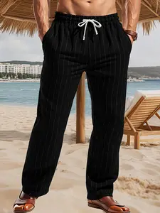 Men's Striped Linen Pants, Elastic Waist Drawstring Beach Long Pants, Lightweight Comfortable Straight Leg Fit for Vacation & Casual Street Style, Casual Fitted Trousers
