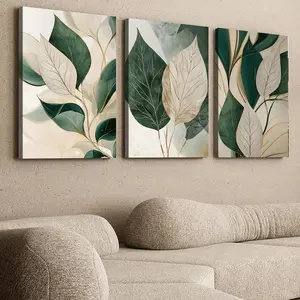 Green Leaf Pattern Wooden Frame Canvas Painting, 3-piece Set Modern Art Wall Decoration, Home Living Room Bedroom Office Decorative Painting