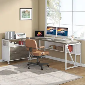 LITTLE TREE L Shaped Desk with Drawer Cabinet, 63" Executive Computer Desk and lateral File Cabinet, 2 Piece Home Office Furniture with Drawers for Hanging File, Doors with Locks