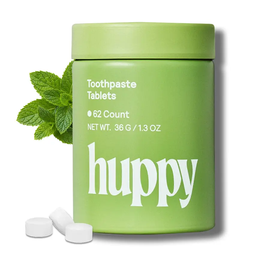 Huppy Peppermint Toothpaste Tablets, Fluoride Free, Plastic Free with Nano Hydroxyapatite, Whitening + Remineralizing, Travel Friendly, Refillable Tin + 62 Tablets
