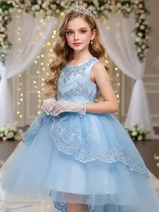 Girl's Floral Embroidery Formal Tulle Overlay Dress, Embroidered Tulle Dress, Elegant Sleeveless Ball Gown for Party Wedding Guest, Kids Clothes for All Seasons