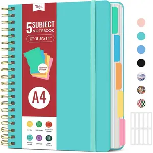 Hardcover Spiral Journal Notebooks for Work With Removable Dividers & Tabs, 8.5"x11" 5 Subject Notebook for Note Taking & Organizer, A4 College Ruled Lined Journal for Women & Writing, Aquamarine, 280 Pages
