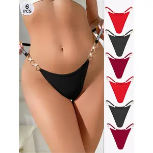 6-Pack Women's Fashion Sexy Thongs, Unique Heart Chain, Shiny Waistband Bikini, Comfortable Soft Breathable Quick-Dry Sports Underwear, Suitable for Daily Wear, Dating, and Yoga, Yoga Clothing | Low-rise Thong | Knitted Structure High Cut Panty Mixed Colo