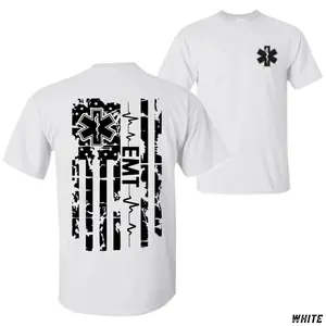 EMT American Flag T-Shirt, Distressed Black & White Flag with Star of Life and EKG Line Graphic, LowTrendz EMS Pride Graphic Shirt for Emergency Medical Technicians & First Responders, Gift for Rescue Teams or Paramedics