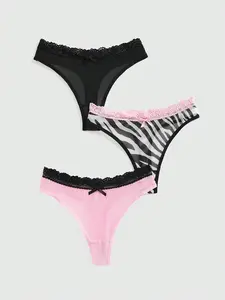 LangLey J-Fashion 3pcs Y2K Gyaru Style Zebra Print Mesh & Lace Colorblock Thongs Panties Set – Sexy Harajuku Inspired Lingerie | Trendy Aesthetic Animal Print Underwear & Breathable Mesh Lace Panty Bundle for Women