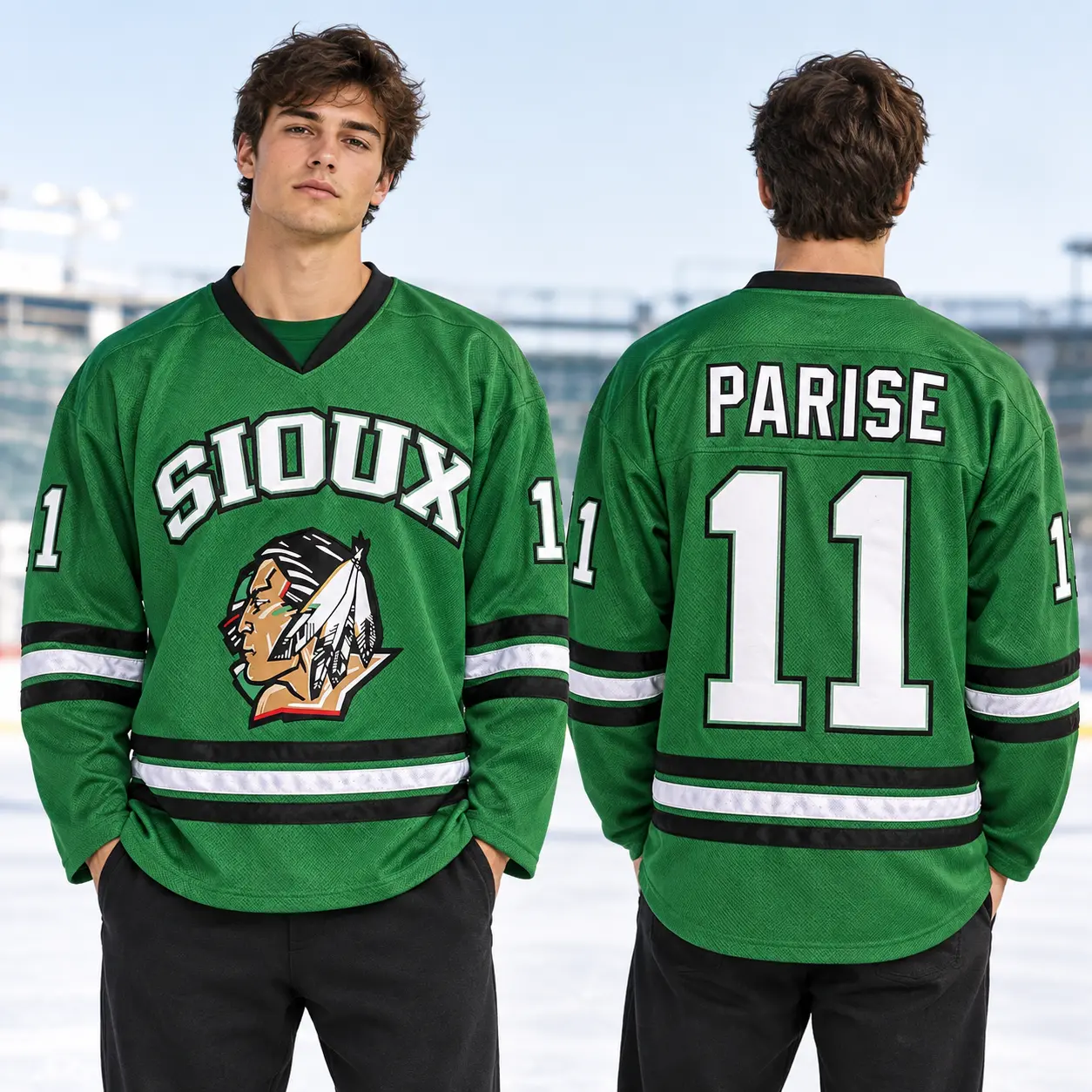 Men's #11 Zach Parise Fighting Sioux Hockey Jersey – Green Polyester Mesh, Quick-Dry & Micro-Elastic. Retro 90s Activewear for All Seasons. Halloween Ready.