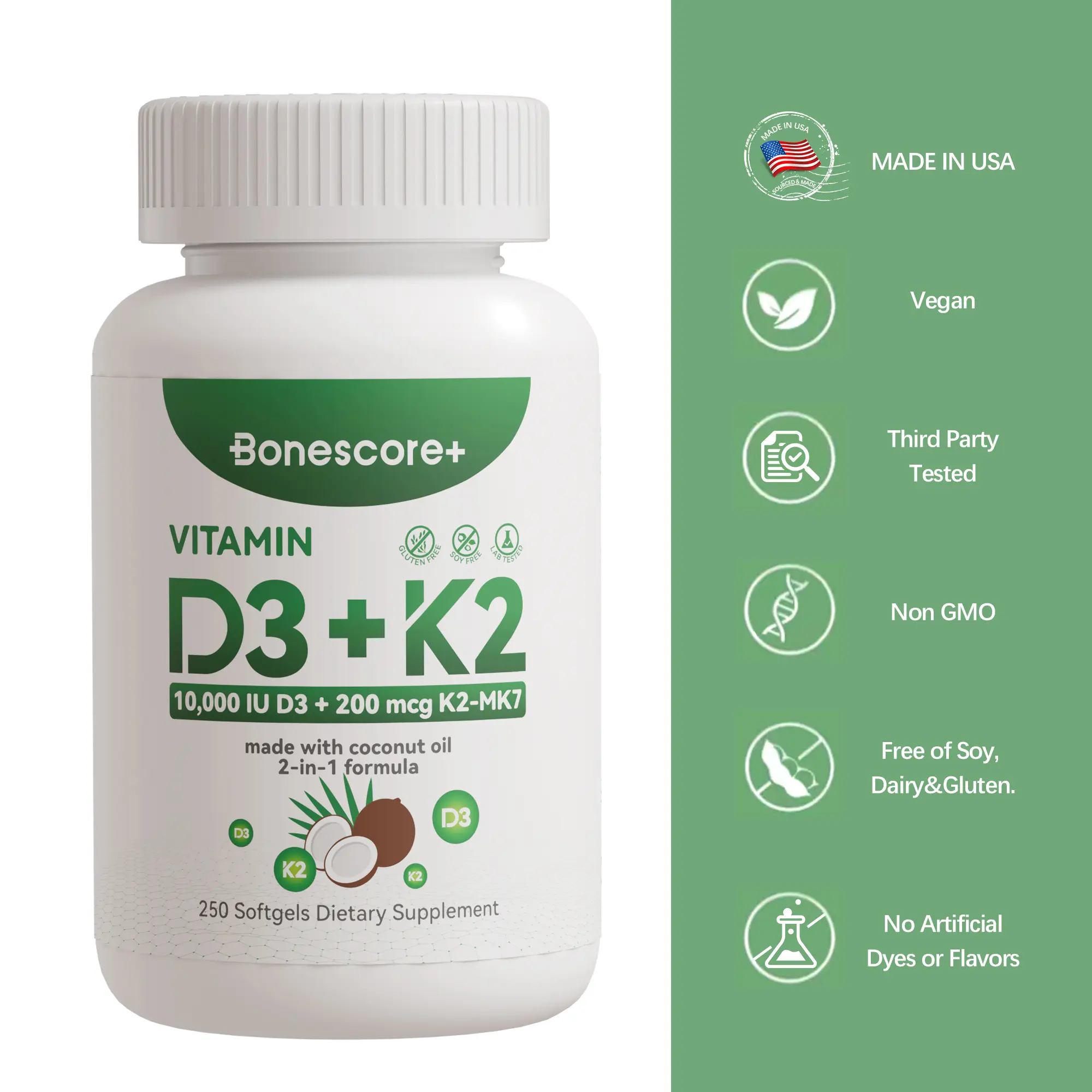 Bonescore+ Vitamin D3 + K2 (MK-7) | 10,000 IU D3 + 200 mcg K2 | 250 Softgels, 8-Month Supply | Supports Bone Strength,Enhances Calcium Absorption & Immune Support | Made in USA | Non-GMO, Gluten-Free, Soy-Free, Dairy-Free