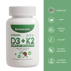 Bonescore+ Vitamin D3 + K2 (MK-7) | 10,000 IU D3 + 200 mcg K2 | 250 Softgels, 8-Month Supply | Supports Bone Strength,Enhances Calcium Absorption & Immune Support | Made in USA | Non-GMO, Gluten-Free, Soy-Free, Dairy-Free