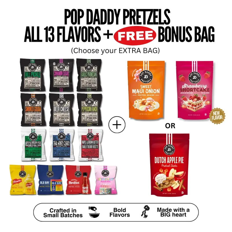 Pretzel Sampler Pack - 13 bags + STRAWBERRY SHORTCAKE or SWEET MAUI ONION PRETZEL STICKS or DUTCH APPLE PIE - Pop Daddy Snacks
